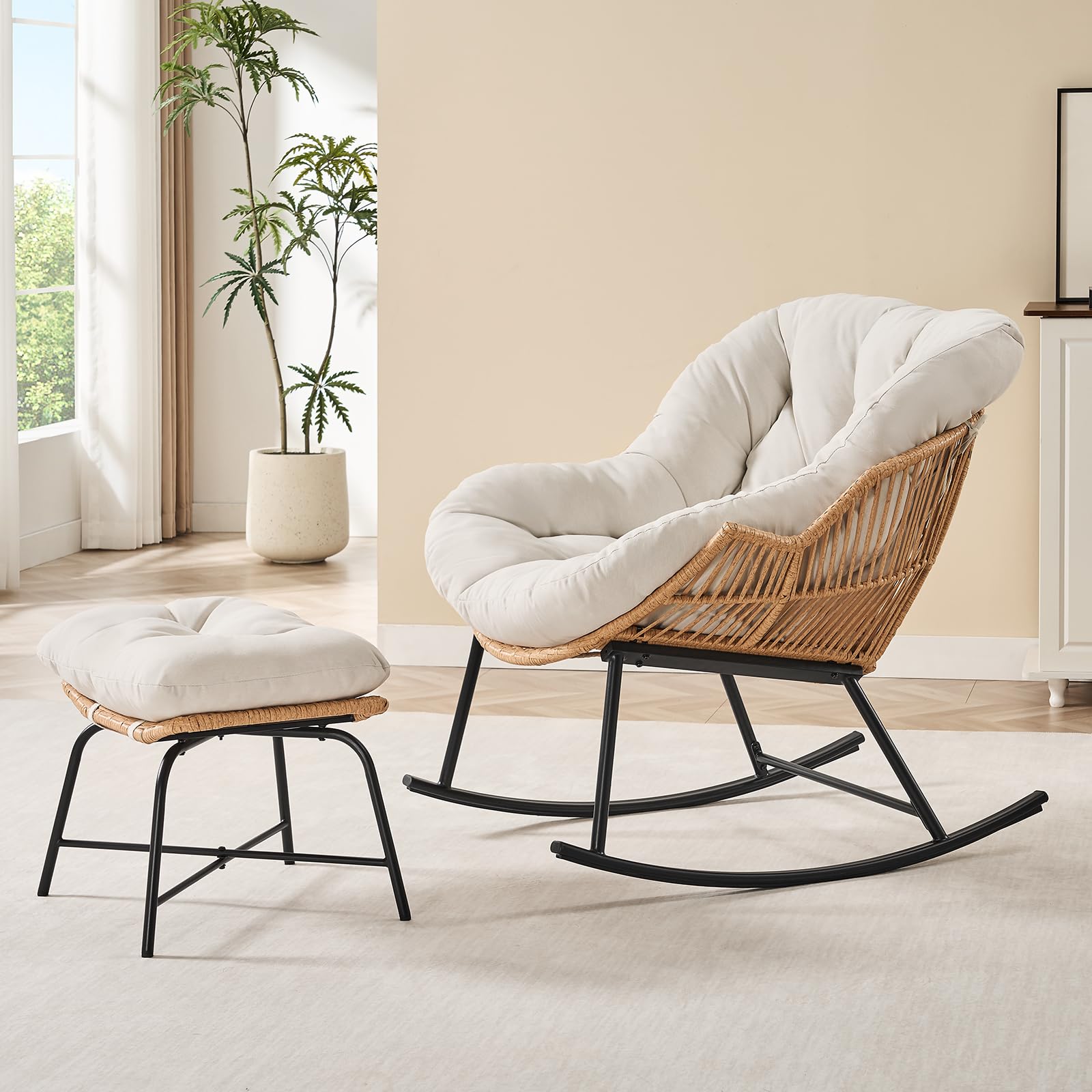 Outdoor Furniture Egg Chair - Grauer Rattan-Papasan-Schaukelstuhl mit Hocker, Übergroßer Wicker-Ei-Sessel
