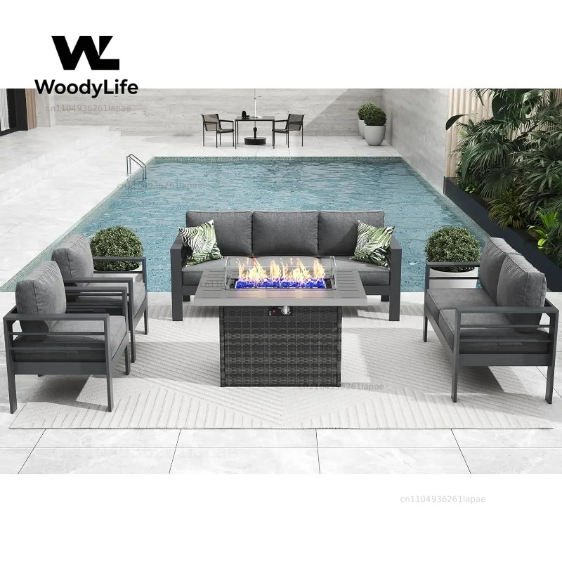 Outdoor Furniture With Fire Pit - L5-teiliges modernes Aluminium-Gartenmöbel-Set mit Feuertisch, Outdoor-Sitzgruppe,