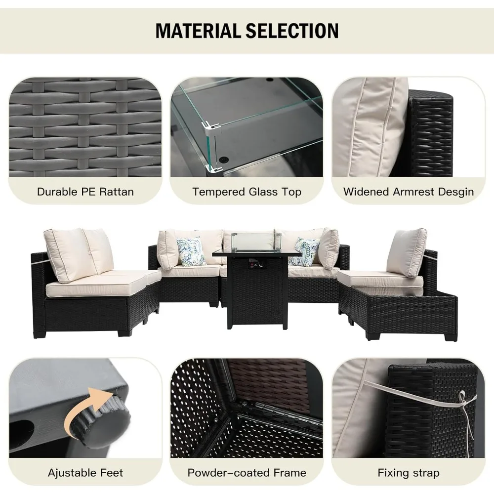 Outdoor Furniture With Fire Pit - 8-teiliges Terrassenmöbel-Set aus Rattangeflecht für den