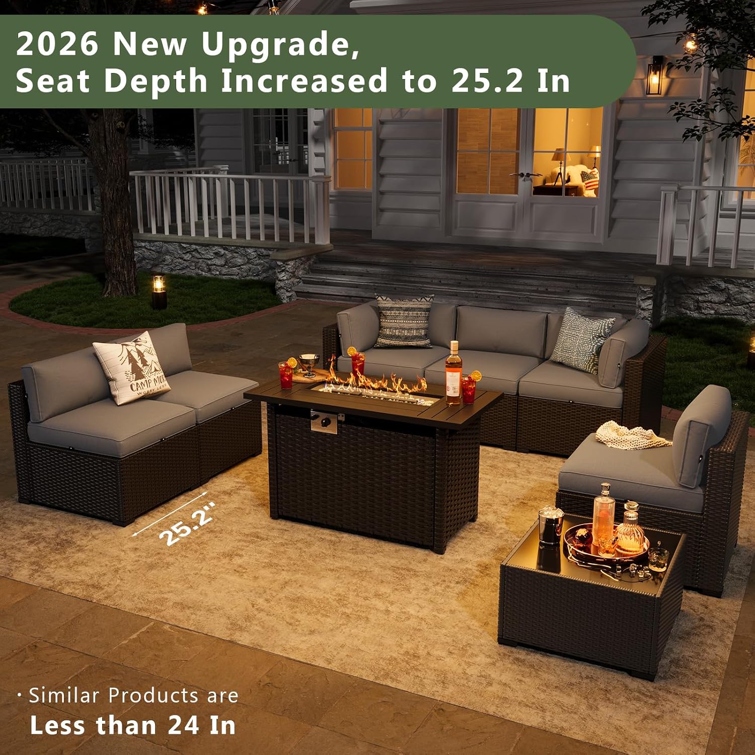 Outdoor Furniture With Fire Pit - 8-teiliges Gartenmöbel-Set, 44 Zoll Feuerstelle, Rattan-Sofa-Garnitur,