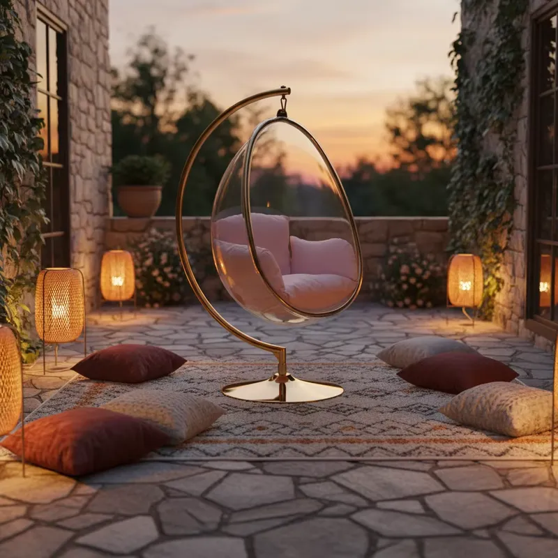 Outdoor Furniture Egg Chair - Transparenter Acryl-Bubble-Schaukelstuhl mit goldenem Edelstahlgestell, gold-silbernes